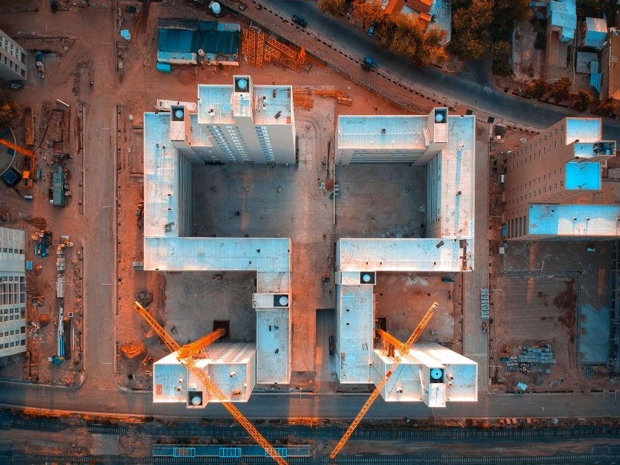 A bird’s eye view of buildings under construction.